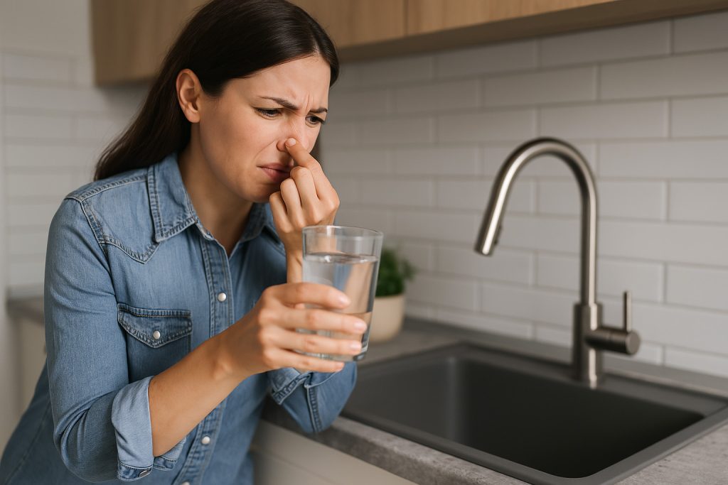 Woman holding her nose while smelling a glass of tap water due to a strong rotten egg sulfur odor caused by hydrogen sulfide in the water