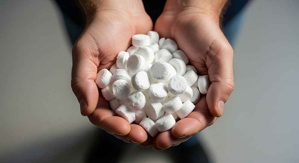 A man holding water softener tablets in his hands
